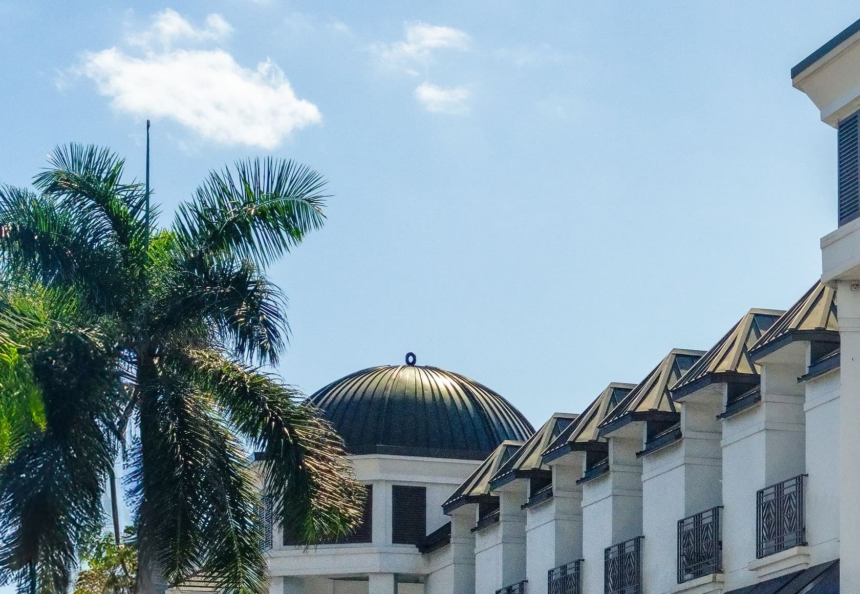 Upscale Florida shopping center with palms, a copper dome, and awnings