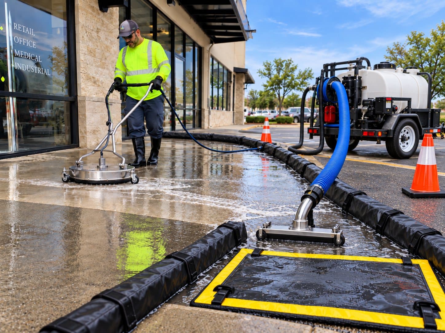 Flatwork cleaning with drain containment and wastewater recovery at a commercial building