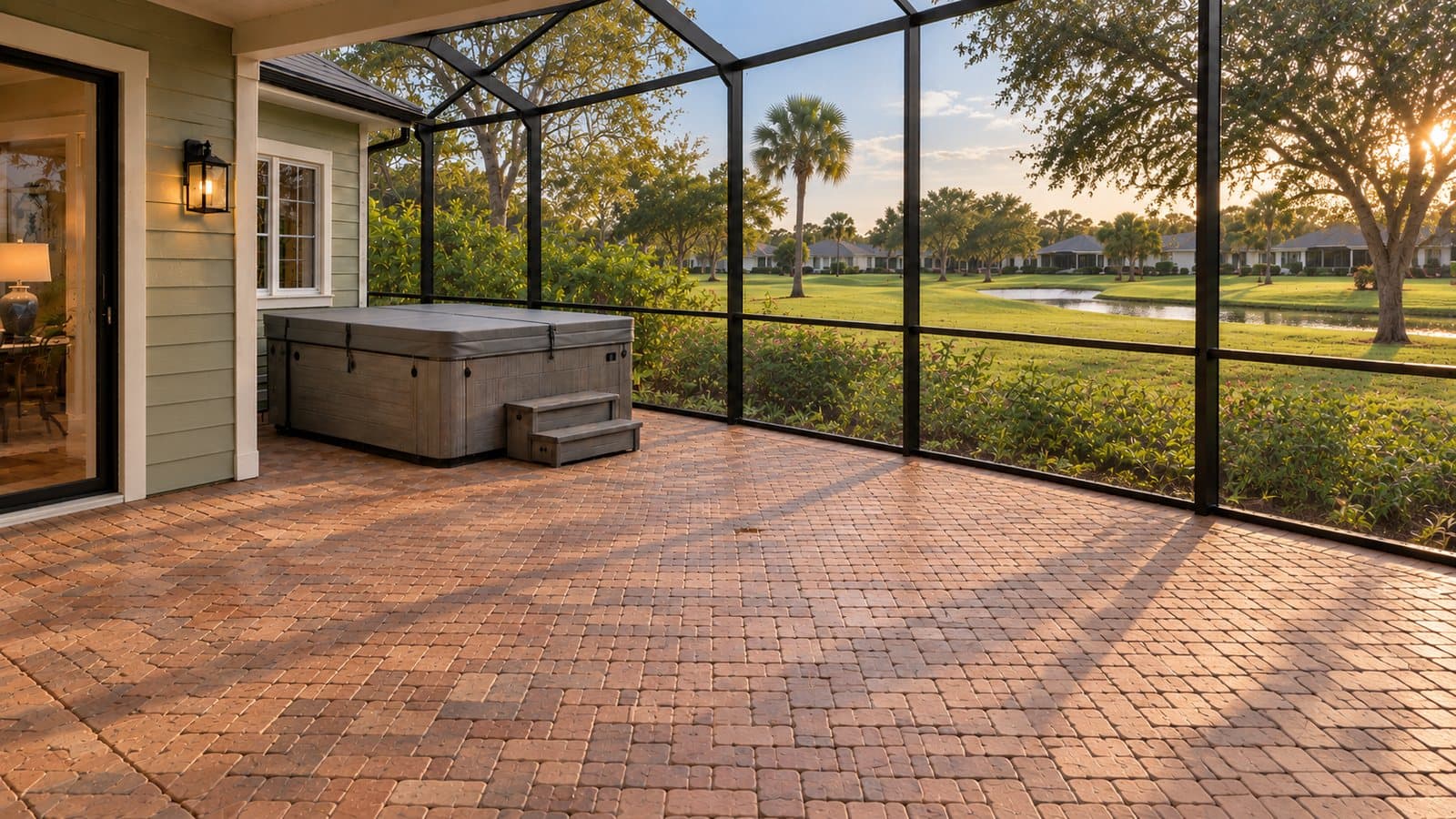 Screened lanai with clean paver patio and spa